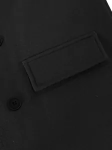 Close-up detail of pocket flap and wool fabric texture on black men's overcoat.