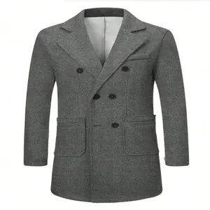 Detail view of a gray double-breasted wool overcoat with notched lapels and pockets