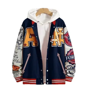 Street style men's oversized varsity jacket with patches and white hood