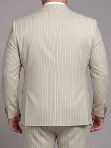 Gedetailleerd achteraanzicht van de pasvorm van een beige herenpak met krijtstreep