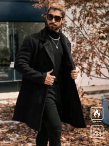 Close-up of a stylish men's black long wool coat with warm fleece lining for winter wear