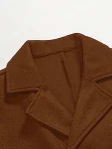 Detailed close-up of a brown wool overcoat collar showing premium fabric texture