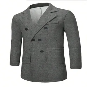 Detailed close-up view of a grey double-breasted wool peacoat for men's winter fashion