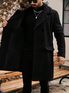 Men's long black wool coat featuring a warm fleece collar and soft inner lining