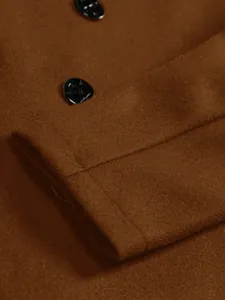 Detailed macro view of high-quality brown wool coat fabric texture with black buttons