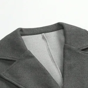 Detailed view of the classic lapel and collar on a professional men's dark gray wool coat