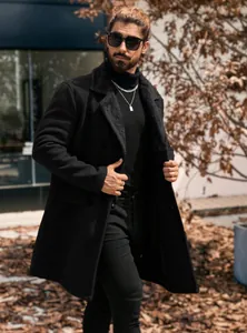 Close-up of a stylish men's long black wool overcoat with warm fleece-lined lapel
