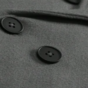 Close-up detail showing the high-quality grey wool fabric texture and black buttons on a men's coat