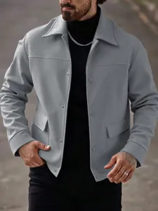 Detailed view of a stylish grey men's casual wool-blend jacket with a classic lapel collar