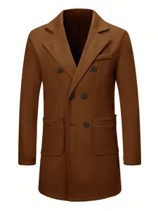 Detailed front view of a classic brown double-breasted wool overcoat for men's winter wear