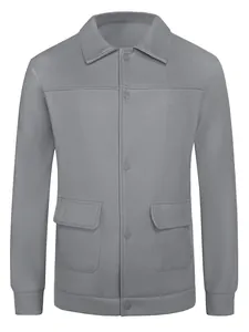 Full front view of a minimalist gray men's casual wool blend jacket with a lapel collar
