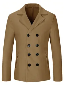Professional front view of men's camel double-breasted wool coat with notched lapels