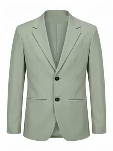 Detailweergave van een saliegroene casual blazer voor heren met tweeknoopssluiting en revers.
