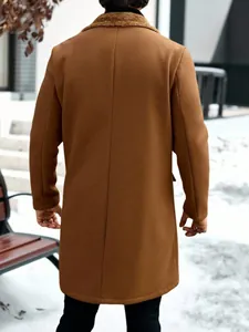 Rear view of a premium men's long brown wool coat featuring a warm plush collar detail.