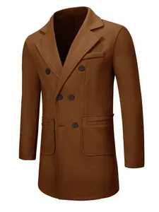 Detailed view of classic men's brown double-breasted wool overcoat with lapels.