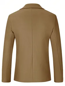 Back view of a classic camel-colored wool blend business casual coat for men