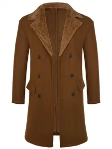 Detailed view of men's brown long coat with fleece lapel and double-breasted buttons