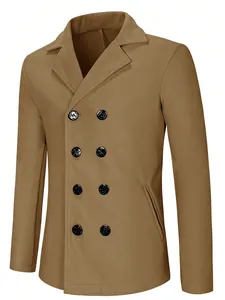 Close-up of a camel-colored double-breasted men's wool pea coat with distinctive black buttons