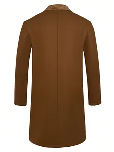 Detailed back view of a classic brown long wool overcoat for men featuring fur collar