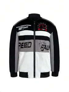 Men's racing style bomber jacket with black, white and grey color block design graphics