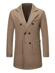Premium men's double-breasted wool blend overcoat in khaki featuring classic notched lapels
