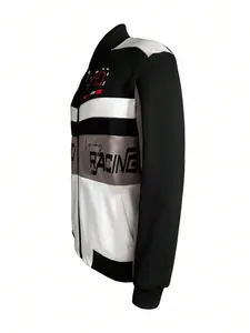 Detailed side view of a black and white racing style streetwear jacket with printed graphics