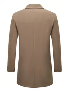 Detailed rear view of a classic brown men's woolen overcoat showing premium back tailoring.