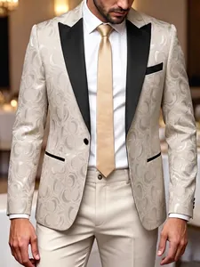 Detailed view of men's floral jacquard suit jacket featuring contrasting black peak lapels