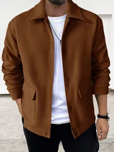 Men's brown casual woolen jacket with turn-down collar and front flap pockets.