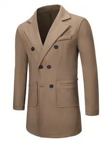 Detail of a khaki men's double-breasted woolen coat with large patch pockets