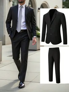 Men's formal black business suit set including a blazer and trousers for weddings.