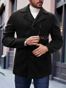 Men Classic Wool Blend Overcoat Double Breasted Notched Lapel Business Casual Long Sleeve Jacket Solid Color Winter Outerwear