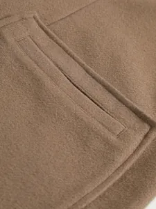 Close-up of premium wool fabric texture and welt pocket detail on brown overcoat