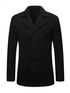 Detailed front view of a black double-breasted wool coat for men in business style.