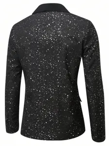 Gedetailleerd achteraanzicht van een zwarte herenblazer met zilveren glitterprint
