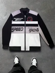 Detailed view of racing style bomber jacket featuring bold color-blocking and speed graphics.