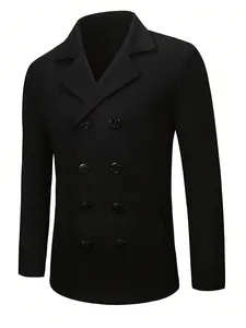 Front view detail showing texture of a classic black double-breasted men's wool pea coat