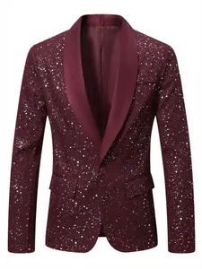 Detailweergave van bordeaux glimmende partyblazer met sjaalkraag en sterrenstofpatroon.