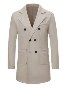 Front view detail of a beige double-breasted wool coat for men with black buttons