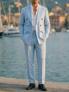 Elegant light blue pinstripe double-breasted suit set for men's business or wedding