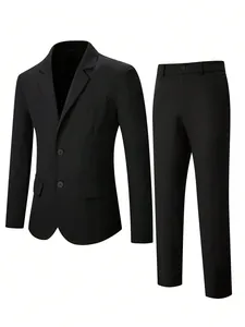 Front view of a formal black two-piece business suit set for men including blazer and trousers