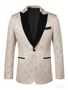 Front view of champagne men's jacquard blazer with black peak lapels for parties.