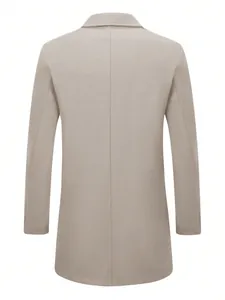 Detailed back view of a classic beige men's wool coat with a sleek mid-length professional cut