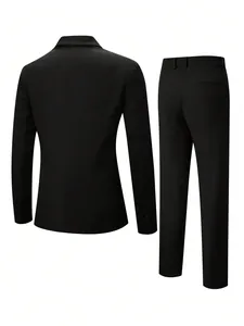 Detailed back view of a classic black men's slim fit two-piece business suit for weddings