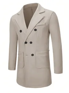 Detailed view of a men's double-breasted beige wool coat with flap pockets