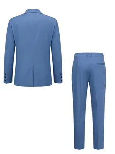 Detailed rear view of a formal men's blue business suit set with blazer and trousers