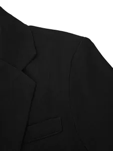 Close-up detail of a black professional business suit blazer shoulder and lapel.