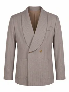 Detailed front view of men's pinstripe double-breasted blazer with classic shawl collar