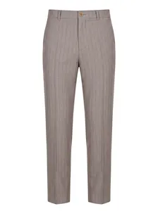 Detail of grey striped business formal trousers showing fabric texture and waistband