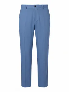 Close-up of men's formal business dress trousers in elegant blue with sharp creases.